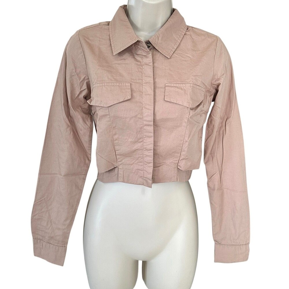 FB Sister Junior's Cropped Utility Jacket Long Sleeve 100% Cotton XS Tan Brown